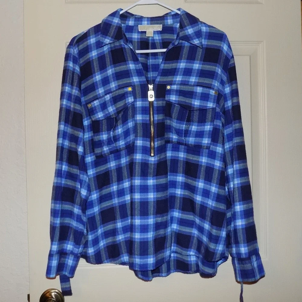 Michael Kors Plaid Tunic Women‎ Size L Blue Half Zip Roll Tab Sleeve Excellent